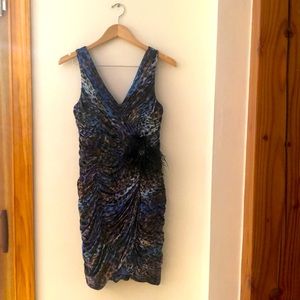 Vintage-inspired ruched dress, feather detail, worn once, excellent condition.